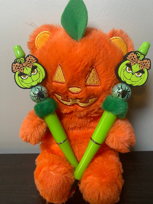 Green man pumpkin bow spooky Halloween holiday fun twist handmade beaded pen