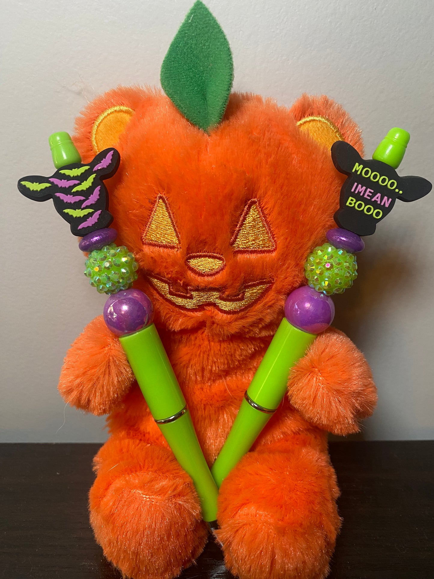 Green and purple cow moo spooky Halloween holiday fun twist handmade beaded pen
