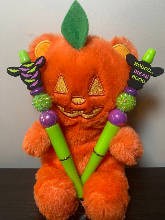 Green and purple cow moo spooky Halloween holiday fun twist handmade beaded pen
