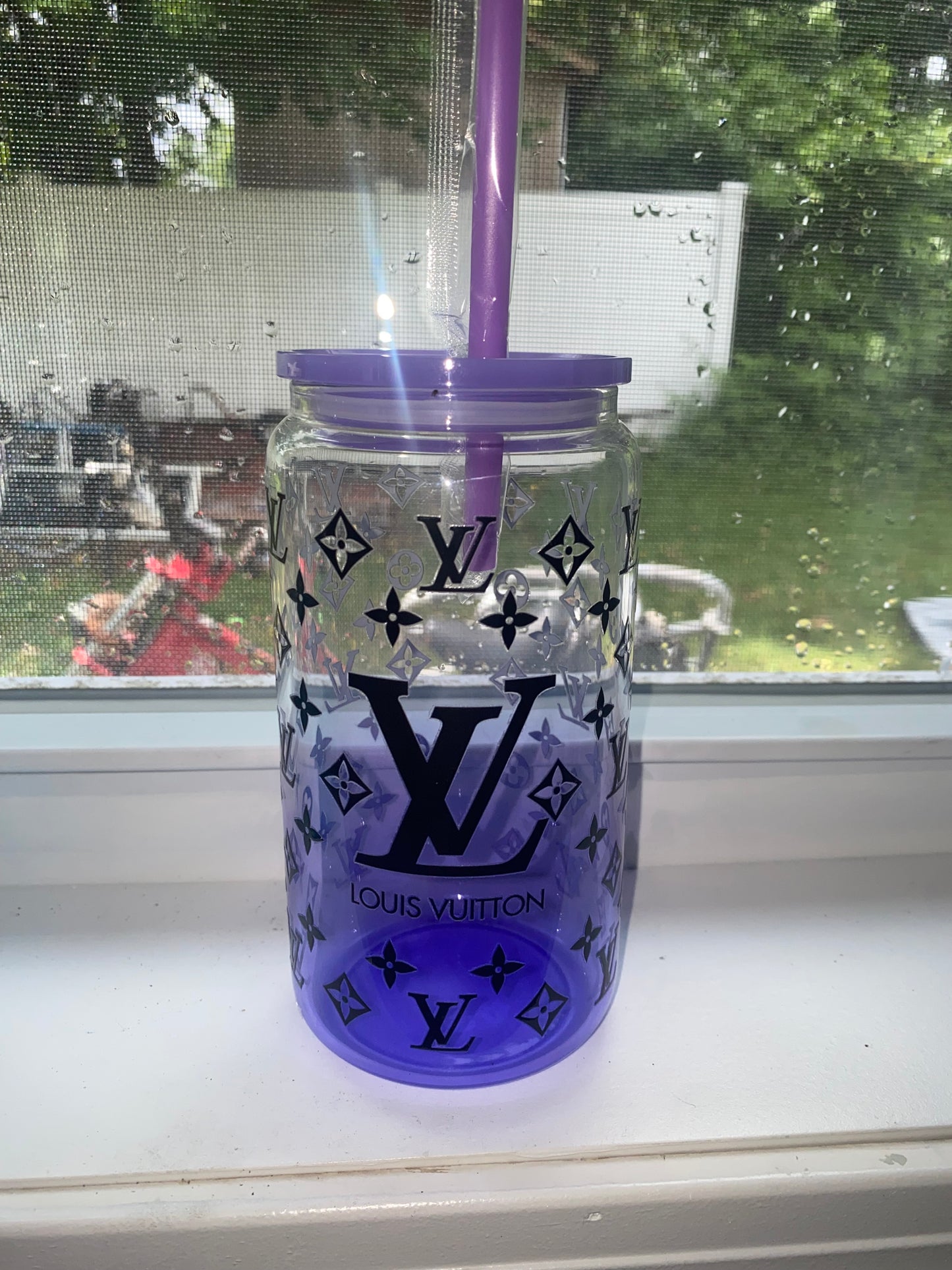 Purple lv fun and fancy glass 16oz cup with lid and straw