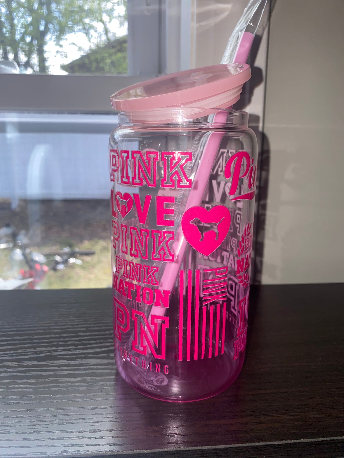 Pink inspired 16oz glass cup with lid and straw
