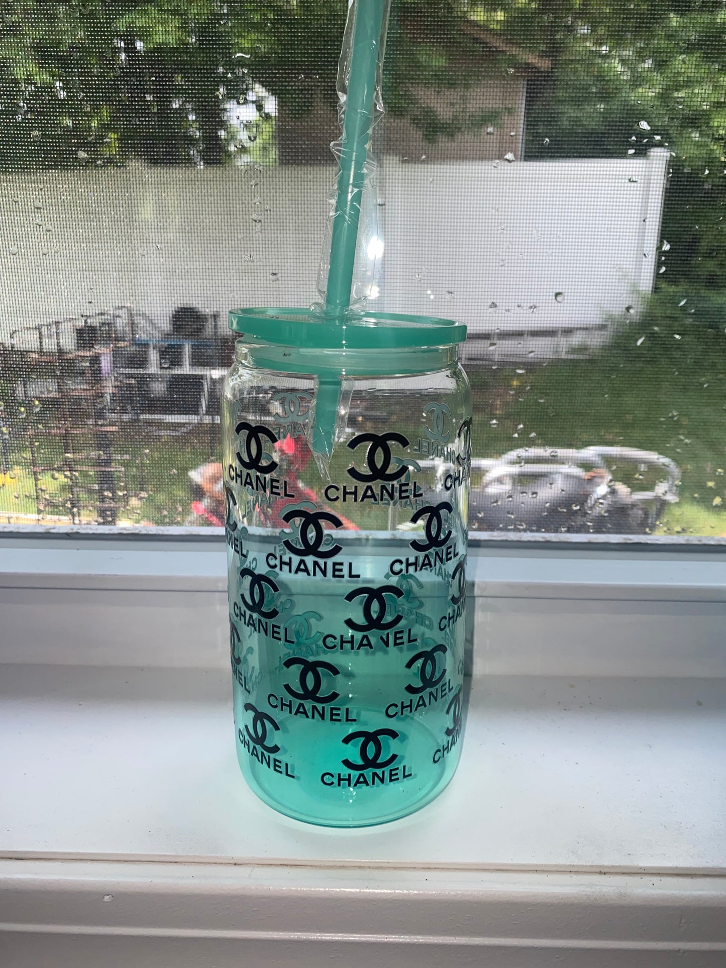Teal cc fun and fancy glass 16oz cup with lid and straw